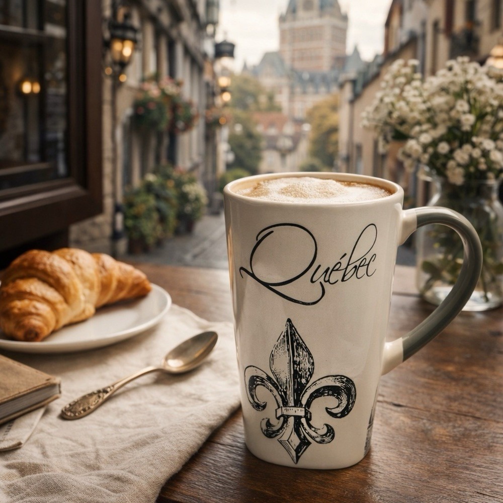 Quebec Fleur-de-Lis Latte Mug Neutral European Café Style Tall Stoneware Coffee